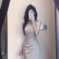 French style mesh hollow off-shoulder halter dress high-grade acetate satin waist slim hip skirt summer R0432