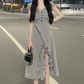 Silver Moonlight Long Ruffled Dress Square Neck Slimming Slit Long Dress Women R0077
