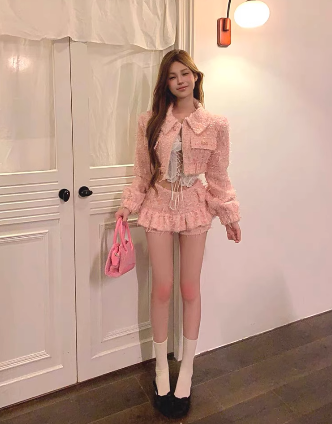 French sweet and spicy pink girly Chanel style suit cardigan high waist skirt pants two-piece set R1823