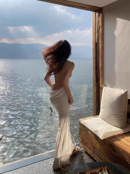 Pure desire style sexy white suspender dress niche backless super fairy seaside holiday long dress R0219