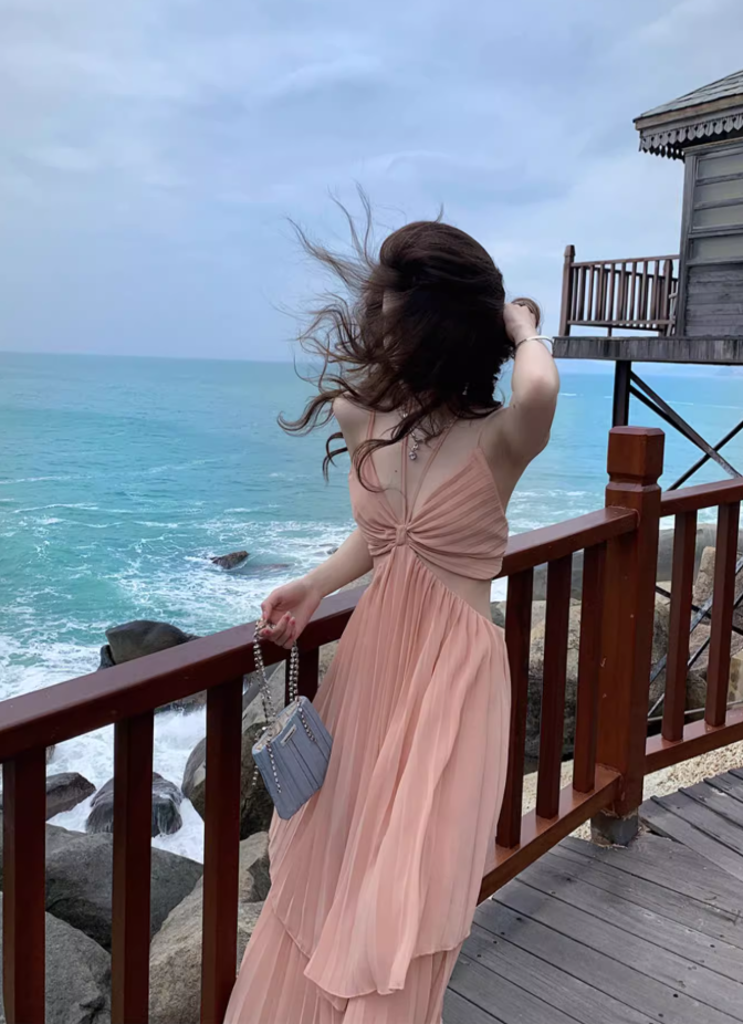 Travel photography clothes super fairy beach dress suspenders sexy backless dress R1575