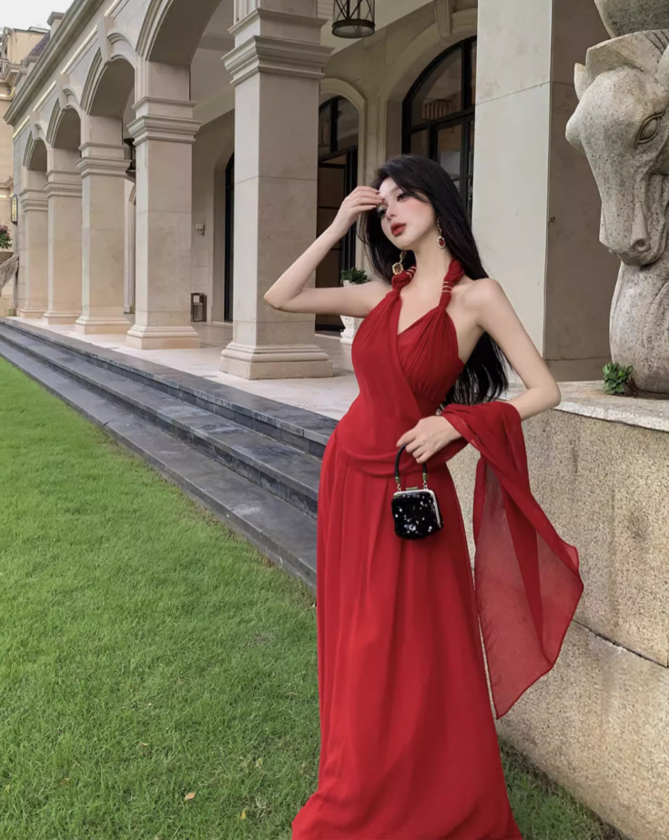 French seaside holiday long dress, temperament and slim red v-neck halter neck drape dress R1600
