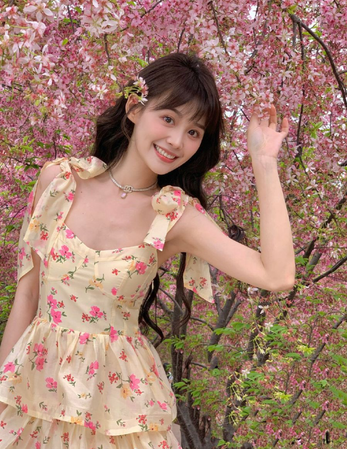 Apricot suspender maxi dress pink floral cute vitality cake maxi dress homecoming dress R4042