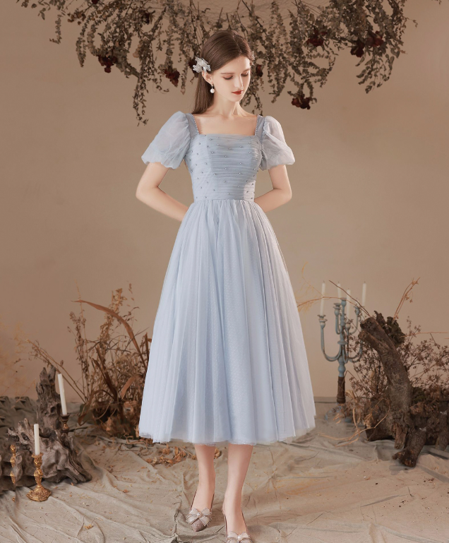 Minimalist Blue Homecoming Dress , Tulle Beaded Corset Short Prom Dress RS1700