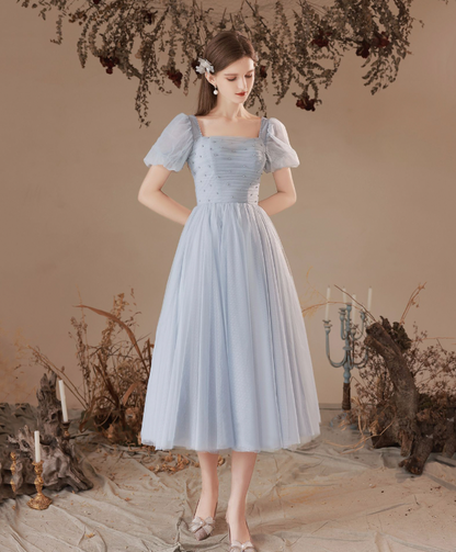 Minimalist Blue Homecoming Dress , Tulle Beaded Corset Short Prom Dress RS1700