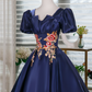 Elegant Navy A-line Square Embroidery Satin Corset Mini Prom Dress Homecoming Dress RS506