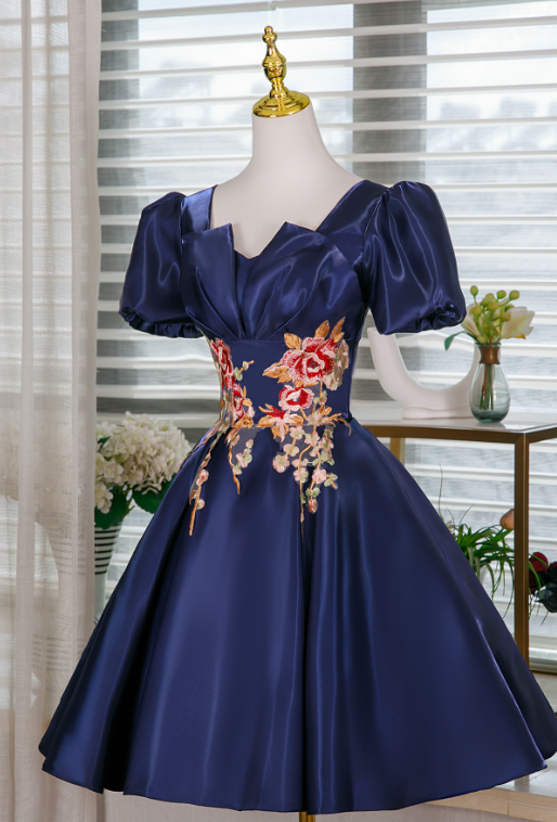 Elegant Navy A-line Square Embroidery Satin Corset Mini Prom Dress Homecoming Dress RS506