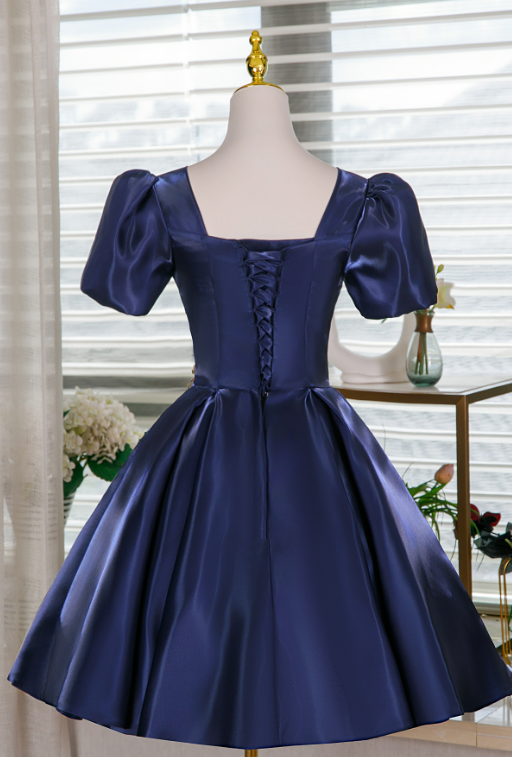 Elegant Navy A-line Square Embroidery Satin Corset Mini Prom Dress Homecoming Dress RS506