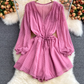 New fashion loose v-neck single-breasted waist strap chiffon puff sleeve jumpsuit wide-leg shorts trend R0350