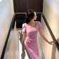French elegant pink square neck dress for women with slim waist and elegant long skirt R4258