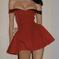 Retro red one-shoulder waisted A-line short skirt homecoming dress R3240