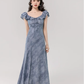 French gentle style retro blue lotus leaf collar dress beautiful waist A-line long skirt R0879
