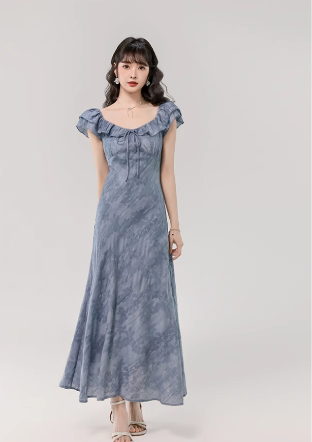 French gentle style retro blue lotus leaf collar dress beautiful waist A-line long skirt R0879