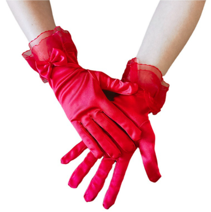 Lace Trim Satin Gloves Wedding Bride Elegant Wrist Lace Gloves For Opera Dinner Party     S6224