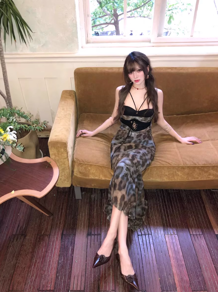 Sexy hot girl lace suspender dress 2025 leopard print waist hip fishtail skirt R1203