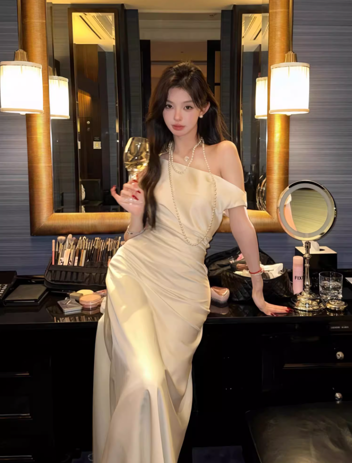 French style swing collar off-shoulder dress 2025 temperament satin fishtail high-end skirt R1479