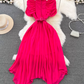 Light luxury temperament stand-up collar off-shoulder pleated waist A-line chiffon dress elegant long skirt R0374