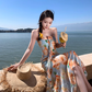 Retro floral suspender dress, beautiful temperament beach dress R0602