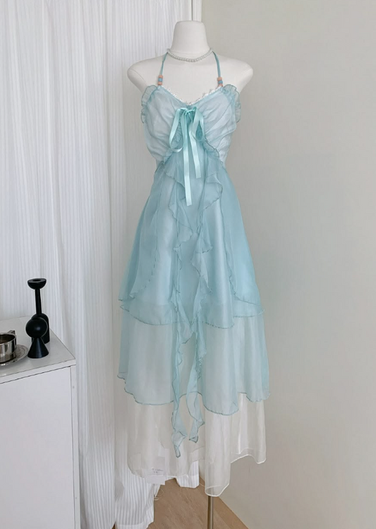 Dreamy Pale Blue Summer Dress A-Line Halter Corset Maxi Party Dress RS711