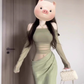 French style gentle temperament green one-shoulder hollow dress high-grade mesh waist banquet dress R0436