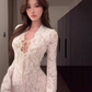 Sexy hot girl lace strap V-neck dress 2025 waist-hugging hip-wrapped slit long skirt R1205
