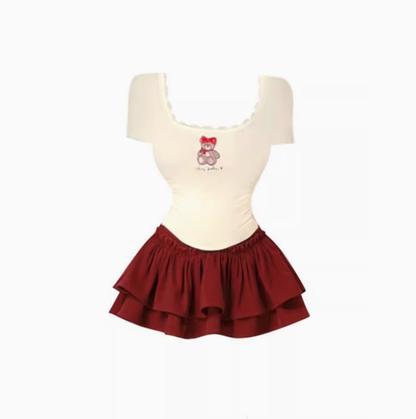Sweet and spicy style printed straight shoulder waist T-shirt women 2025 puffy skirt suit R1029