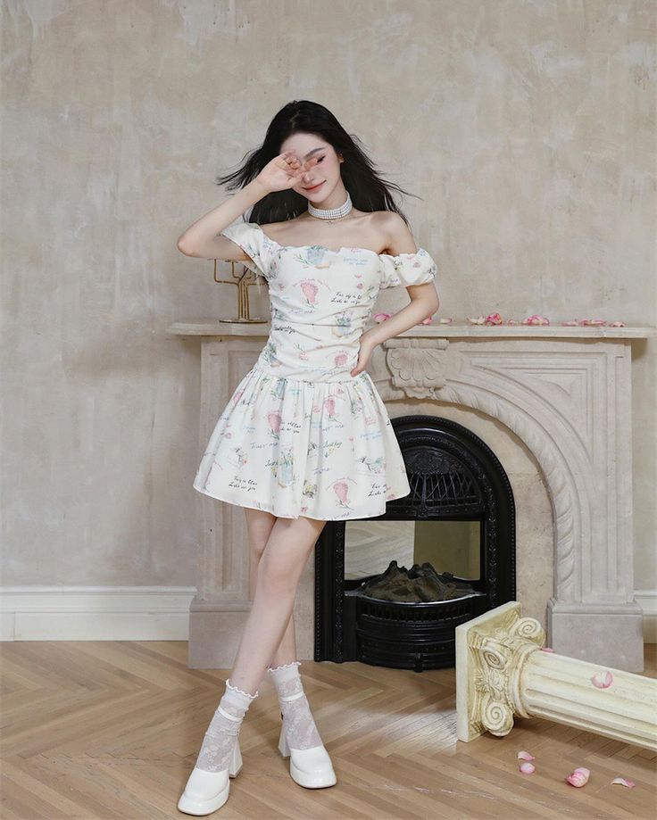 Floral shoulder pleated cute sexy homecoming dress R2507