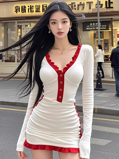 Design sense V-neck ruffled contrast color long-sleeved dress 2025 waist hip skirt R1244