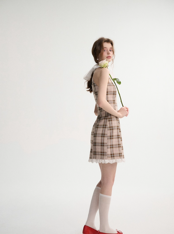 French halter neck dress summer petite outfit short skirt suspender skirt dress female spring R3528