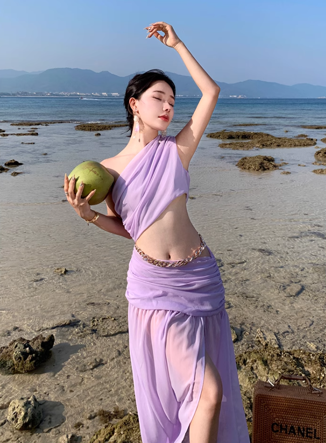 Photo skirt waist-baring one-shoulder dress design seaside atmosphere holiday beach skirt R1592
