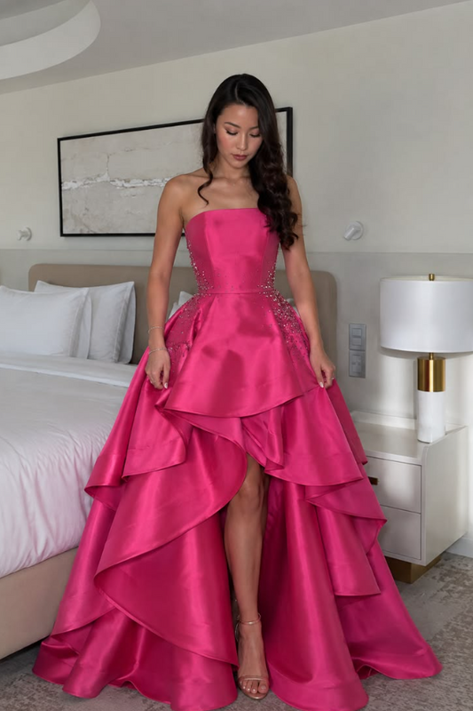 Silky Satin Tiered Strapless Prom Gown Barbie Pink Women's Corset Hi-Lo Evening Dress Birthday Dress RS2901