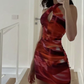 Red tie-dye cross-neck design waist pleated slim fit hip skirt homecoming dress R3174