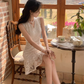 French V-neck Crochet Hollow Dress Women's Slim Sleeveless Temperament Lace Mini Skirt R4337