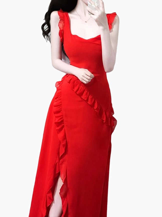 2025 summer new red irregular sexy ruffled seaside holiday dress R0980