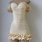 Champagne color one shoulder pleated waist hip lace skirt short skirt homecoming dress R3234