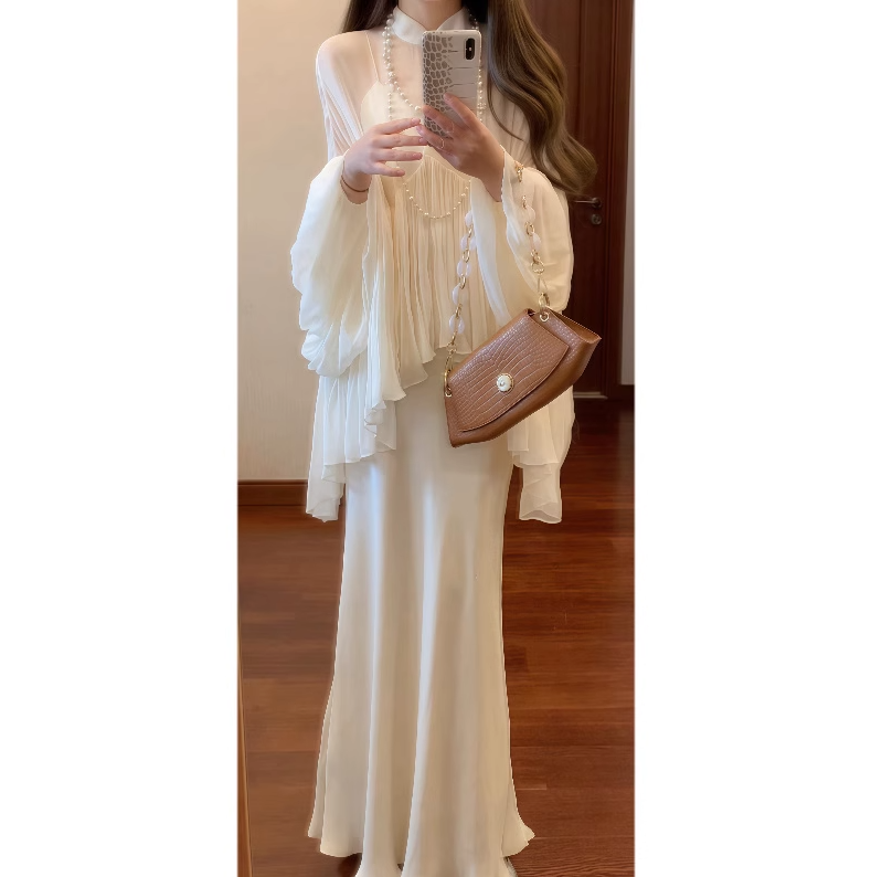 Cool and relaxed suspender dress stand collar top generous and decent two-piece skirt suit R0411