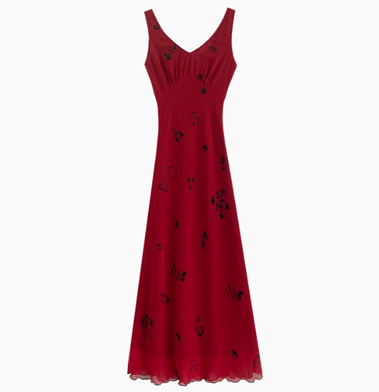 French retro V-neck red vest dress summer waist slimming skirt R1923