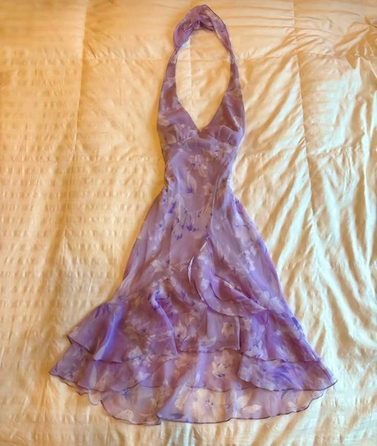 Dreamy purple floral waist halter neck mini skirt homecoming dress R2728