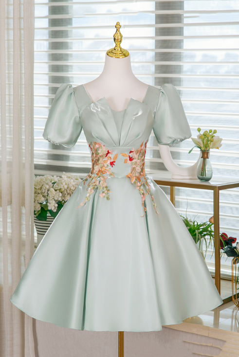 Elegant Mint Green A-line Square Embroidery Satin Corset Mini Prom Dress Homecoming Dress RS507
