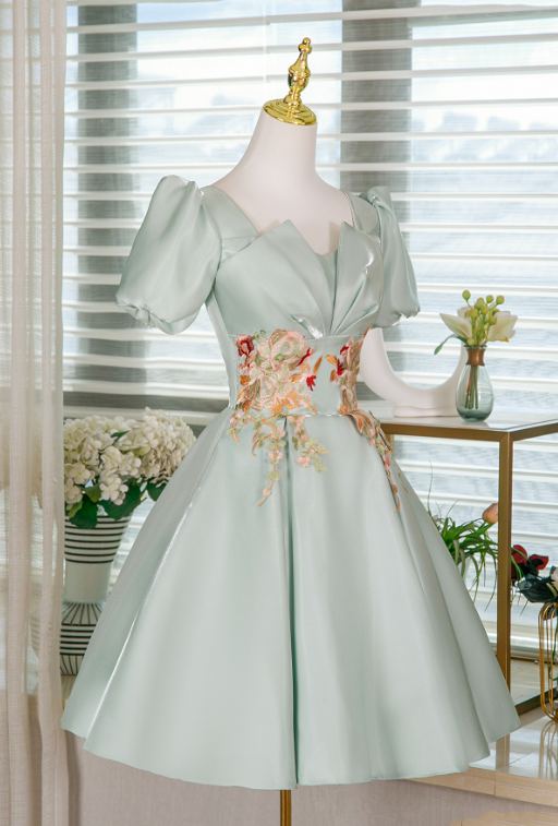 Elegant Mint Green A-line Square Embroidery Satin Corset Mini Prom Dress Homecoming Dress RS507
