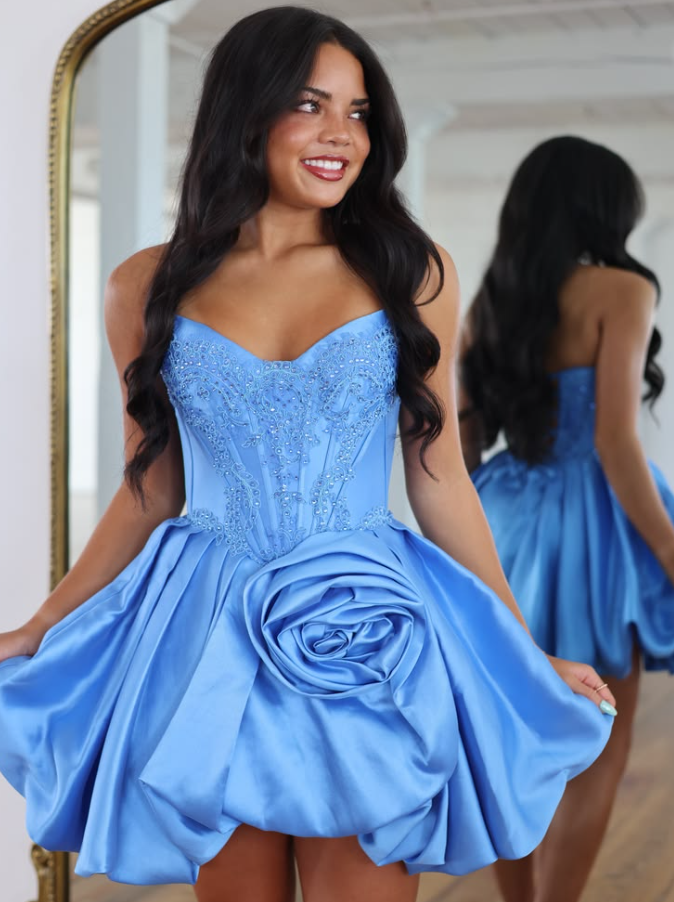 Silky Satin Embroidered Women's Homecoming Dress Blue Corset Short Prom Dress Party Dress RS2500