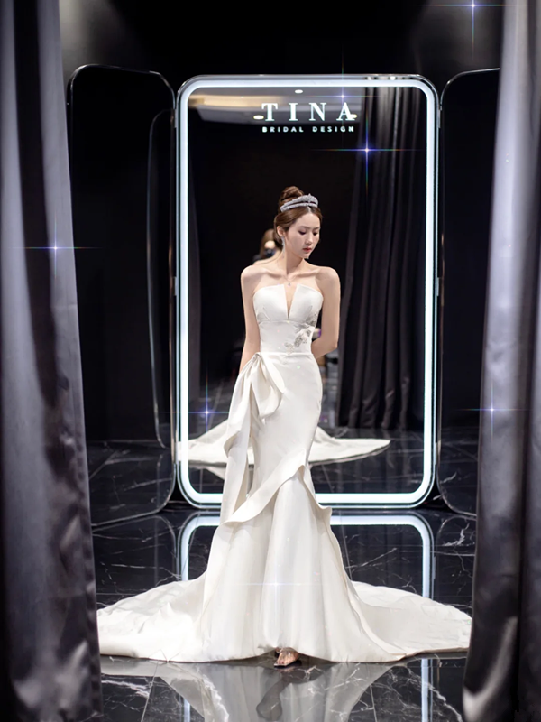 White satin tube top waist slim fishtail sexy long dress bridal gown R6023