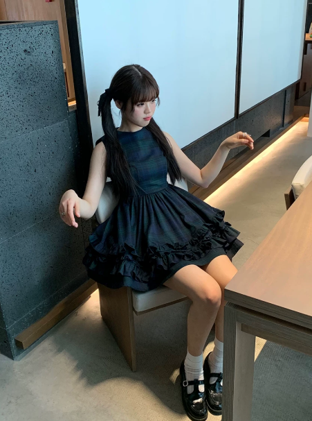 Cute Navy Ruffled Homecoming Dress A-Line High Collar Plaid Corset Mini Prom Dress RS720