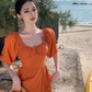 Gentle Temperament Square Neck Puff Sleeve Dress Backless Slit Long Dress R0599