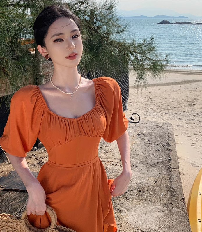 Gentle Temperament Square Neck Puff Sleeve Dress Backless Slit Long Dress R0599