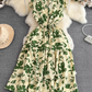 High-end, light luxury temperament flying sleeves V-neck waist slimming A-line ruffled printed dress R0353