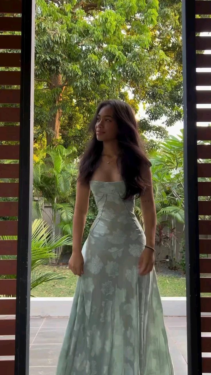 Light green retro floral suspender waist A-line long skirt homecoming dress R3436