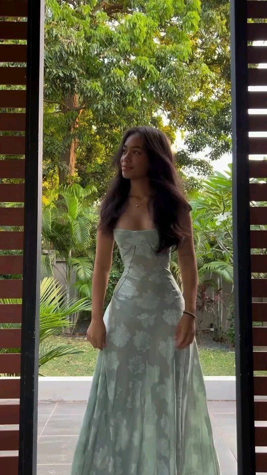 Light green retro floral suspender waist A-line long skirt homecoming dress R3436