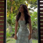 Light green retro floral suspender waist A-line long skirt homecoming dress R3436