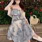 Fairy retro style ruffled one-shoulder sling dress new Chinese style ink-dyed dress R1706